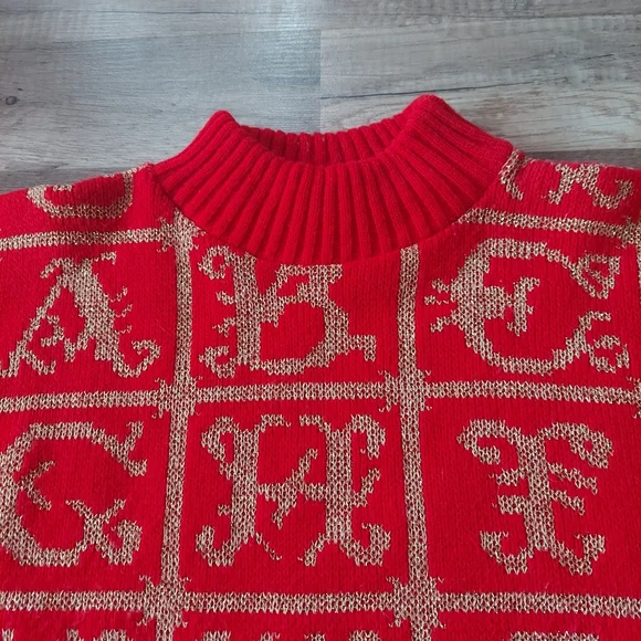 Vintage Red Gold Alphabet Mock Neck Sweater Medium - Picture 5 of 8